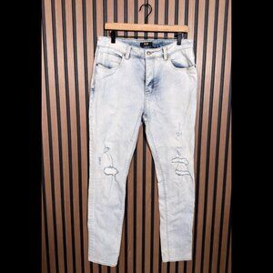 Neuw Nieuw Lands Traat Jeans 32 x 32 Mens Blue Ray Tapered Button Fly Distressed